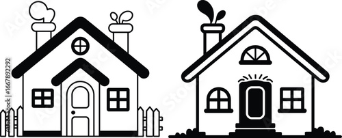 Black and white house illustration, vintage home drawing, cartoon style architecture art, residential building design, stylized cottage graphic, decorative architectural vector artwork