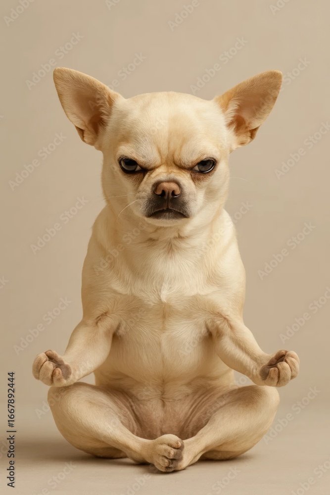 a small chihuahua dog sits in a meditative yoga pose with its eyes closed and a calm expression on its face on a plain background it looks very peaceful a small chihuahua dog sits in a meditative yoga pose with its eyes closed and a calm expression on its face on a plain background it looks very peaceful