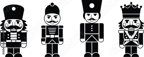 Black and white nutcracker illustrations, vintage soldier figures, royal king design, Christmas holiday decor, festive toy art, traditional wooden doll characters