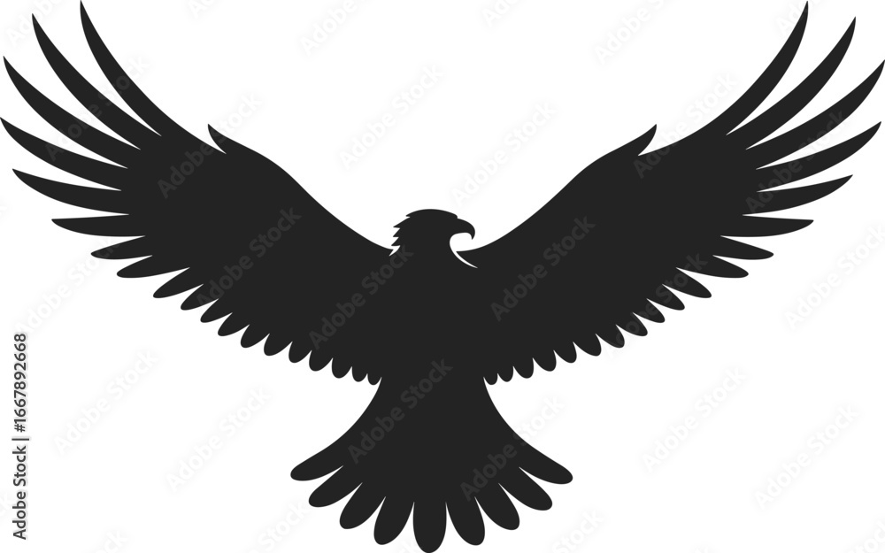 Naklejka premium Black silhouette eagle in flight, wings spread wide, majestic bird illustration, powerful raptor graphic, freedom symbol art, detailed feather design, wildlife emblem