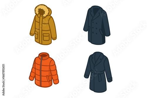 Winter coat icon set, isometric flat design collection of winter outerwear including parka with fur hood, pea coat, insulated puffer jacket, classic trench coat and wool coat, vector illustration