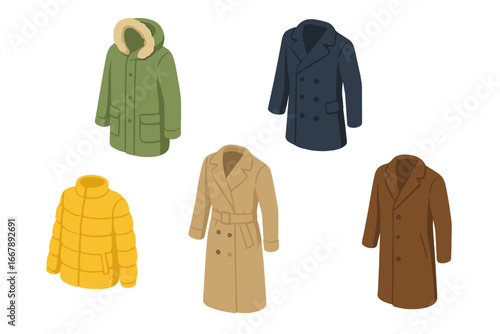 Winter coat icon set, isometric flat design collection of warm outerwear including parka with fur hood, pea coat, puffer jacket, trench coat with belt, wool overcoat vector illustration