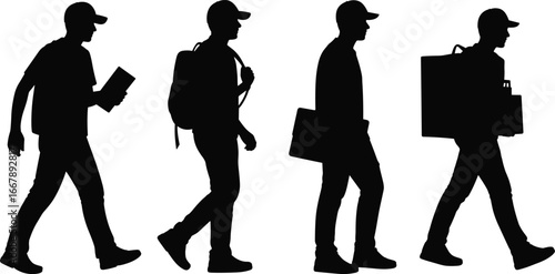 Walking person silhouette, carrying book, backpack, briefcase, shopping bags, daily life activity icons, human figure clipart, lifestyle occupation vector illustration