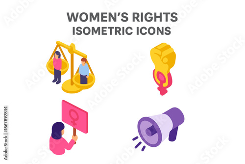 Women's Rights Isometric Icons Set – Equality, Empowerment, Advocacy Symbols, Feminism, Female Power, Gender Justice, Social Activism, Vector Illustration