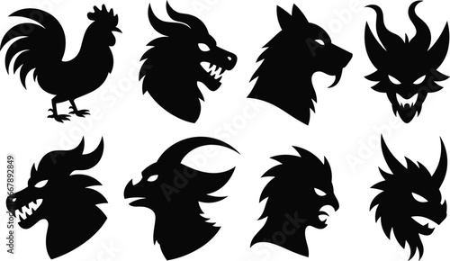 Fantasy creature silhouettes, mythical animal icons, dragon head, demon face, rooster, wolf, goat, monster illustration, black vector art, graphic design