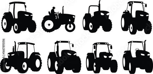 Silhouette tractor collection, black farm machinery vector, agricultural vehicle clipart, farming equipment art, vintage modern tractor designs, isolated graphic illustration