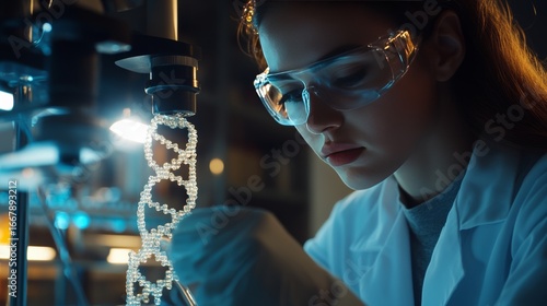 Scientific research event featuring young female scientist in laboratory focused on dna analysis innovative technology close-up view