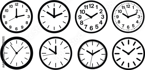 Black and white analog clocks showing different times, timepiece collection, vintage and modern clock faces, time concept, wall clock variety