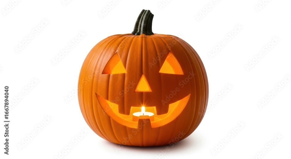 Fototapeta premium Jack-o'-lantern with glowing candle inside shines brightly for spooky Halloween celebrations