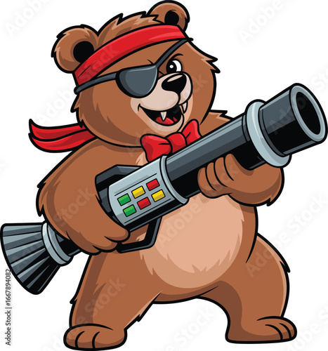 Cartoon bear with eye patch and blaster — playful warrior animal in red bandana for kids, fantasy, and adventure themes