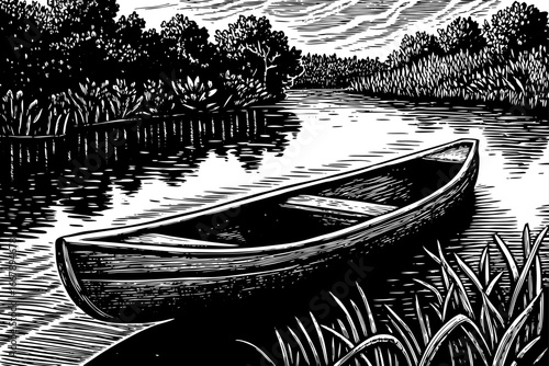 African wooden canoe carved by hand floating on calm river, traditional culture expressed in detailed black and white sketch.