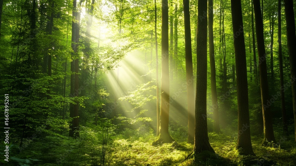 Fototapeta premium Sunlight filtering through trees in a lush forest nature photography tranquil environment serene viewpoint natural beauty concept