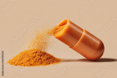 Capsule containing powdered medicine. An orange capsule is split open, spilling powdered contents onto a solid beige surface.