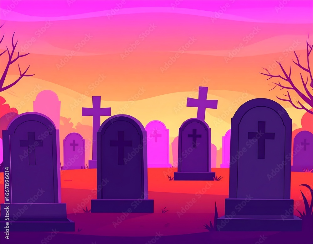 Fototapeta premium Spooky Halloween Graveyard Scene at Sunset with Tombstones and Bare Trees.