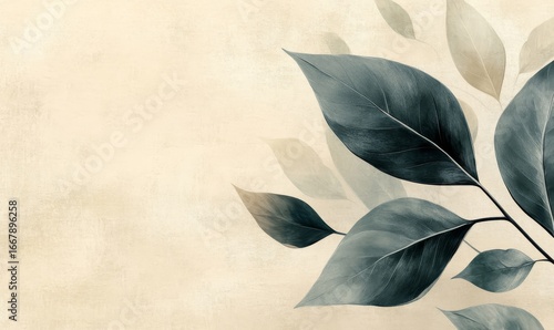 modern minimalistic aesthetic background with stylized abstract leaves in soft neutral tones on a textured greige pastel backdrop, perfect for serene and peaceful design themes focused, Generative AI