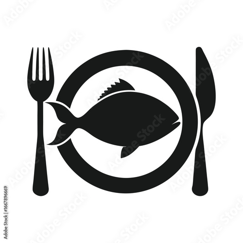 Simple black silhouette of a whole fish on a plate with utensils