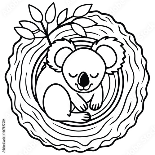 Peaceful koala sleeping curled up on cave home coloring page vector art design