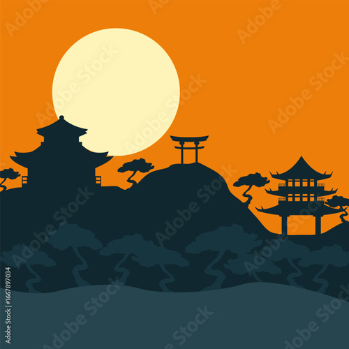 apanese Landscape with Temples and Torii Gate