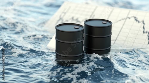 Oil barrel floating on water with currency fluctuation on commodities market chart showing market trends and economic impact