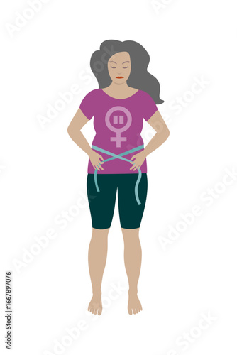 Menopausal woman measuring her waist.
