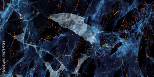 Abstract Dark Blue Marble Texture Background with Golden Copper Veins and Cracked Electric Lightning Effects for Luxury Wallpaper Design.