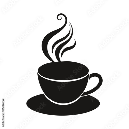 Stylized black silhouette of a steaming coffee cup on a saucer