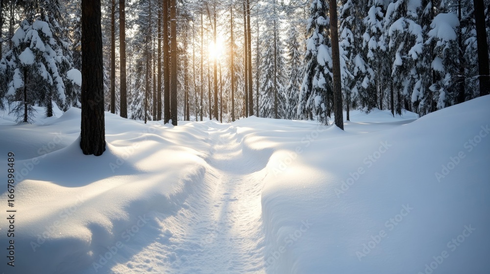 Fototapeta premium Winter wonderland snow-covered path through a tranquil forest scenic nature landscape serene environment peaceful viewpoint