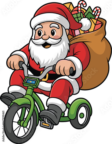 Cartoon Santa pedaling tricycle with gift sack — cheerful Christmas character for holiday delivery, winter fun, transportation, and festive joy