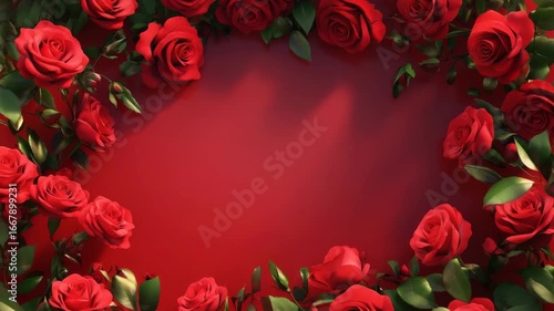 Red rose flower frame with green leaf floral decoration on red background, romantic elegant nature inspired border perfect for love celebration themes and fresh natural petals design