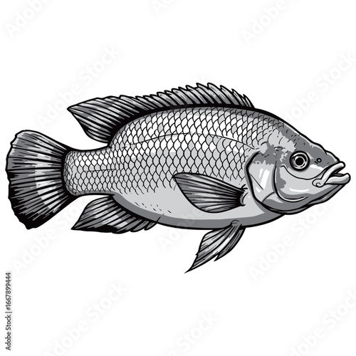 black and white silhouette vector of tilapia fish with white background