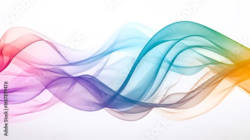 Abstract flowing ribbons in rainbow hues over a white background