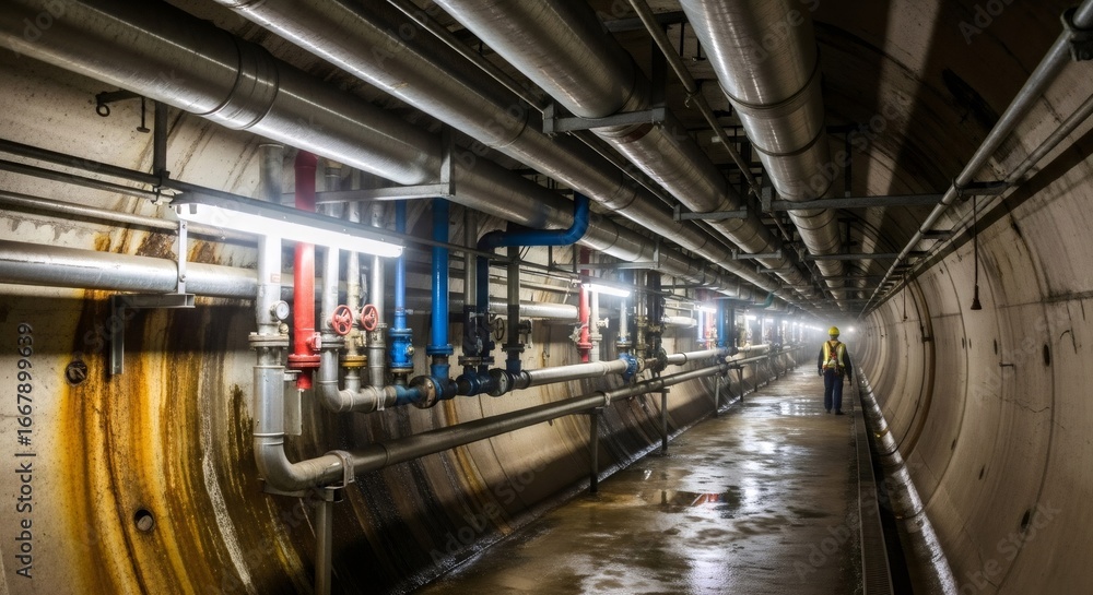 Fototapeta premium Man walking in a long underground tunnel with large industrial pipes and valves. Heating system pipeline infrastructure.