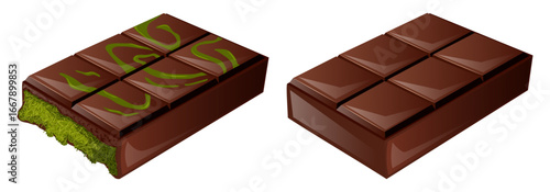 Dubai Chocolate Bar with Pistachio and Kadayif Filling vs. Plain Milk Chocolate - Sweet Dessert Illustration