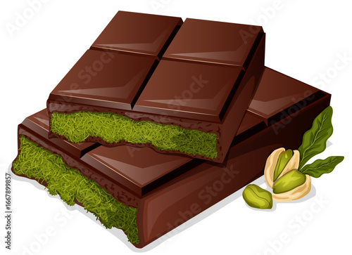 Stacked Dubai Chocolate Broken Bar with Creamy Pistachio Tahini and Kataifi Filling - Authentic Dessert Detailed Illustration