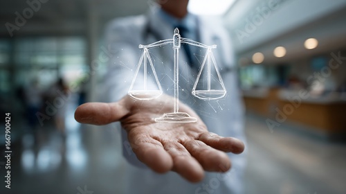 Doctor presents scales, hospital background, representing medical ethics/justice. For healthcare