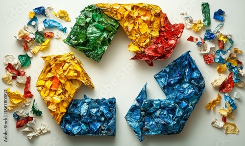 eco-friendly recycling symbol creatively crafted from discarded garbage and waste materials, promoting environmental sustainability, responsible waste management, and the reduction, Generative AI