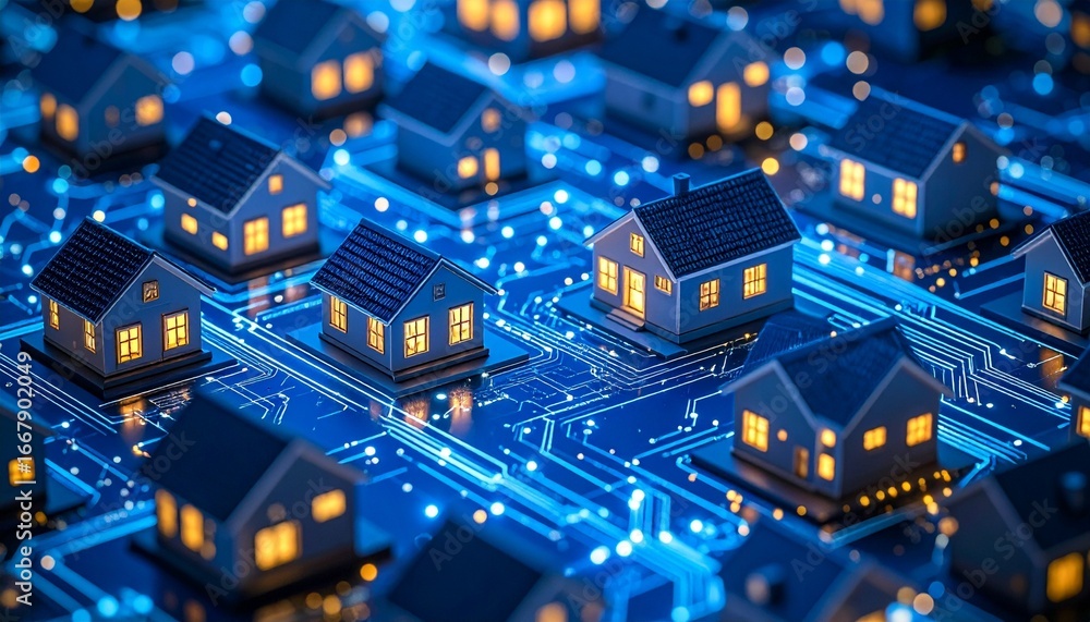 Obraz premium Smart homes glowing on circuit board surface