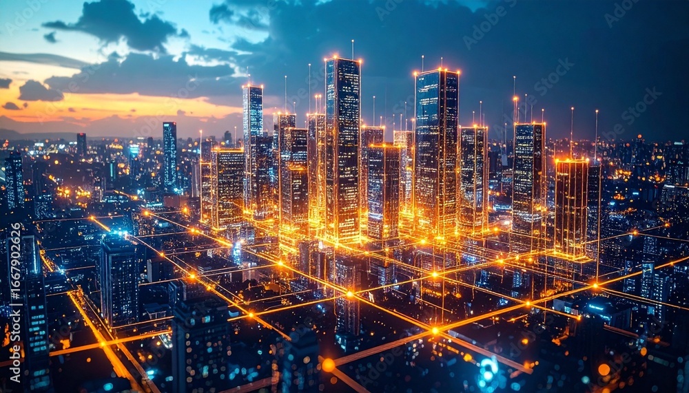 Fototapeta premium Futuristic city with glowing grid and twilight skyline