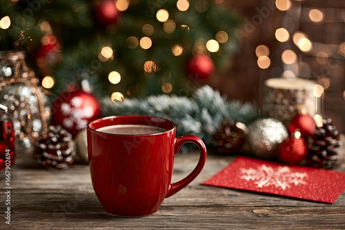 Wallpaper Mural A red mug of hot chocolate on a table with christmas decorations Torontodigital.ca