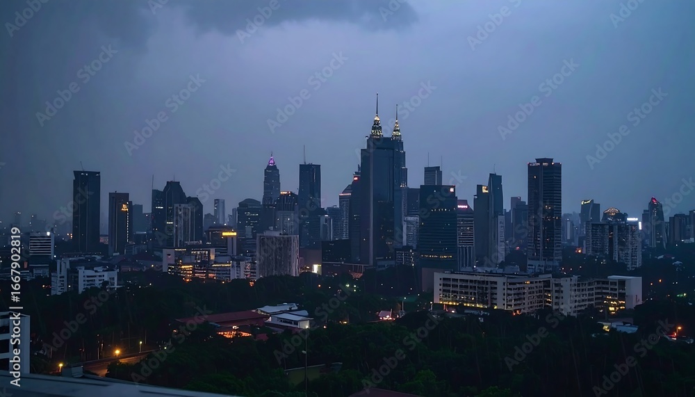 Obraz premium Twilight cityscape in Kuala Lumpur showcases modern architecture and urban skyline