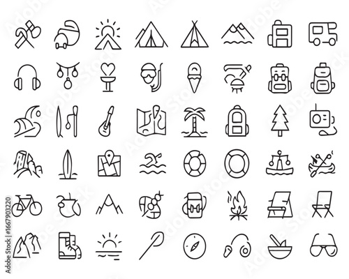 Set of outline icons related to fire protection. Linear icon collection