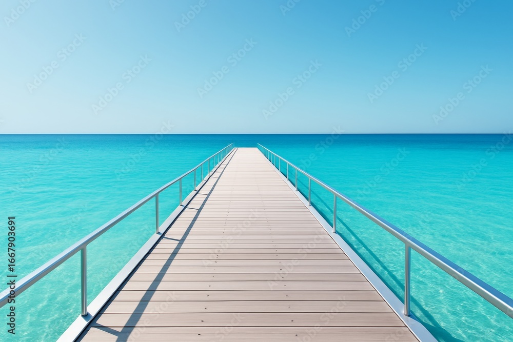 Obraz premium Wooden pier extending into turquoise sea under clear blue sky, tranquil summer beach scene, perfect for travel and vacation concepts. Ai generative