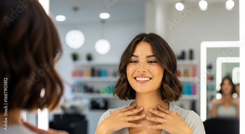 A smiling woman with short brown hair looks at herself in a salon mirror, holding her neck and smiling.