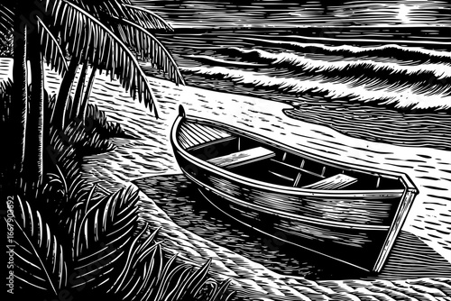 Australian surf rescue boat waiting on sandy beach, prepared for strong waves, lifeguard scene in black and white sketch.