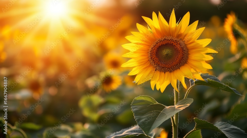 Fototapeta premium Sunflower blooms under bright sunset nature landscape photography vibrant colors in field captivating view of floral beauty