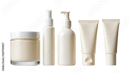 Cosmetic Packaging Mockup Set with Jar Bottle Pump and Tubes Isolated on White