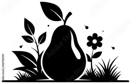 Pear on tree branch and in fruit basket on kitchen counter in still life painting