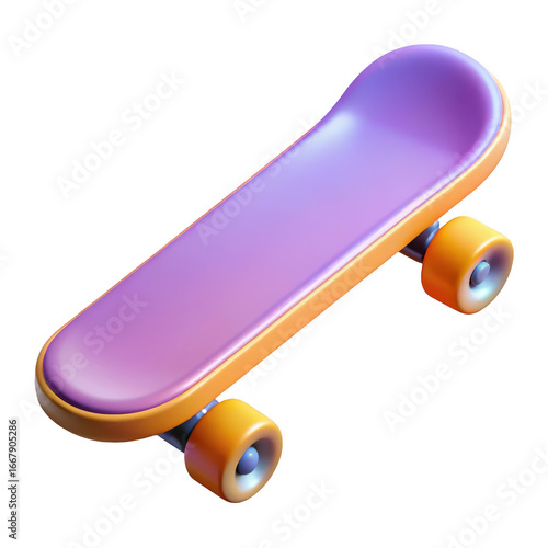 A purple skateboard with orange wheels isolated on transparent background