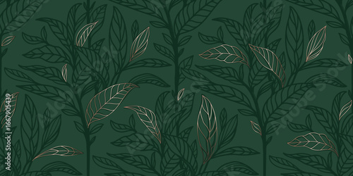 Matcha leaves seamless background vector. Green tea wallpaper design with rose gold texture. Design for packaging design, ads, banner and fabric.  