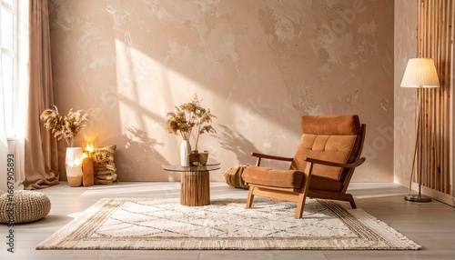 Serene Beige Living Room Interior Design with Armchair and Sunlight